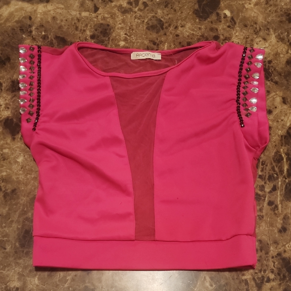 Arden B Pink Embellished Cap Sleeve Crop Top